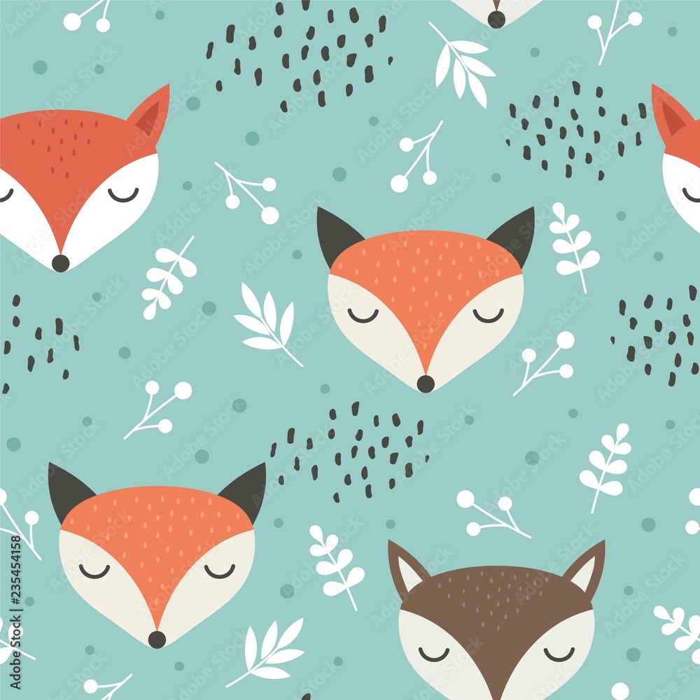 Obraz premium Wzór ładny lisa, wilk ręcznie rysowane tła lasu z kwiatami i kropkami, ilustracji wektorowych