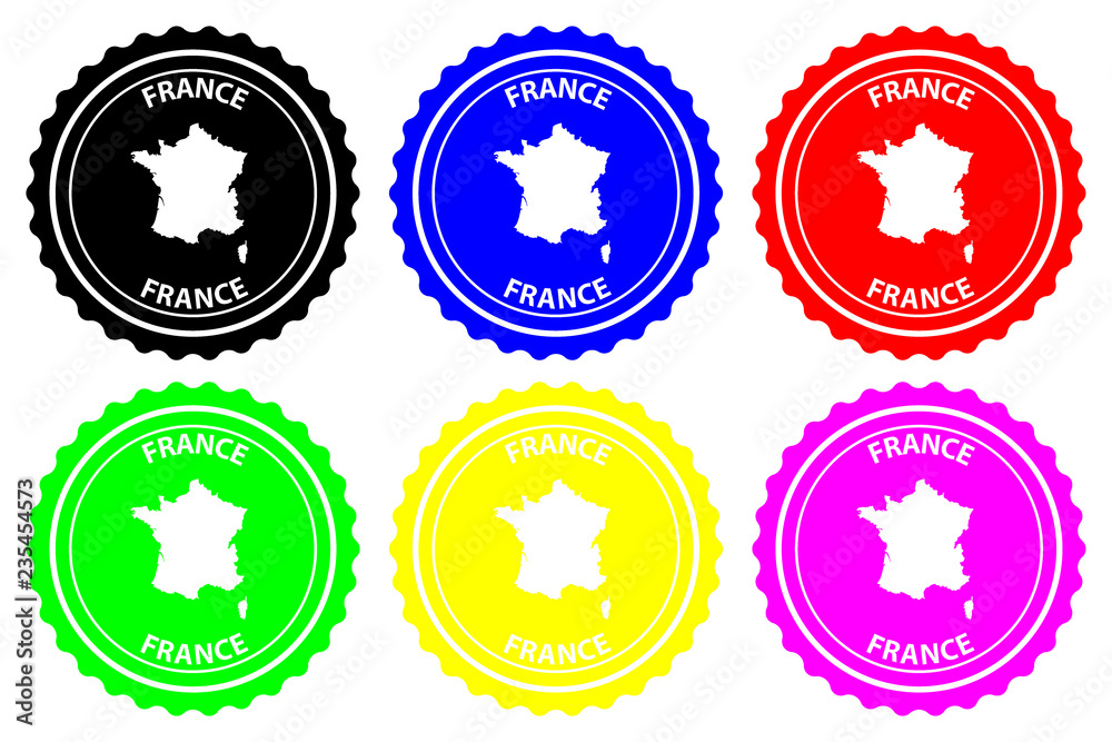 France - rubber stamp - vector,  French Republic map pattern - sticker - black, green, yellow, purple, blue and red