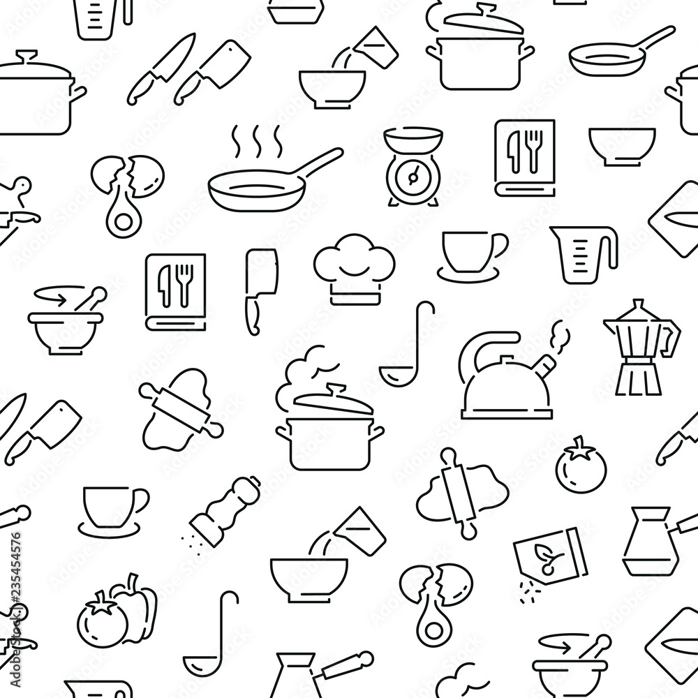 Fotografie Seamless pattern with cooking. Black and white thin line icons