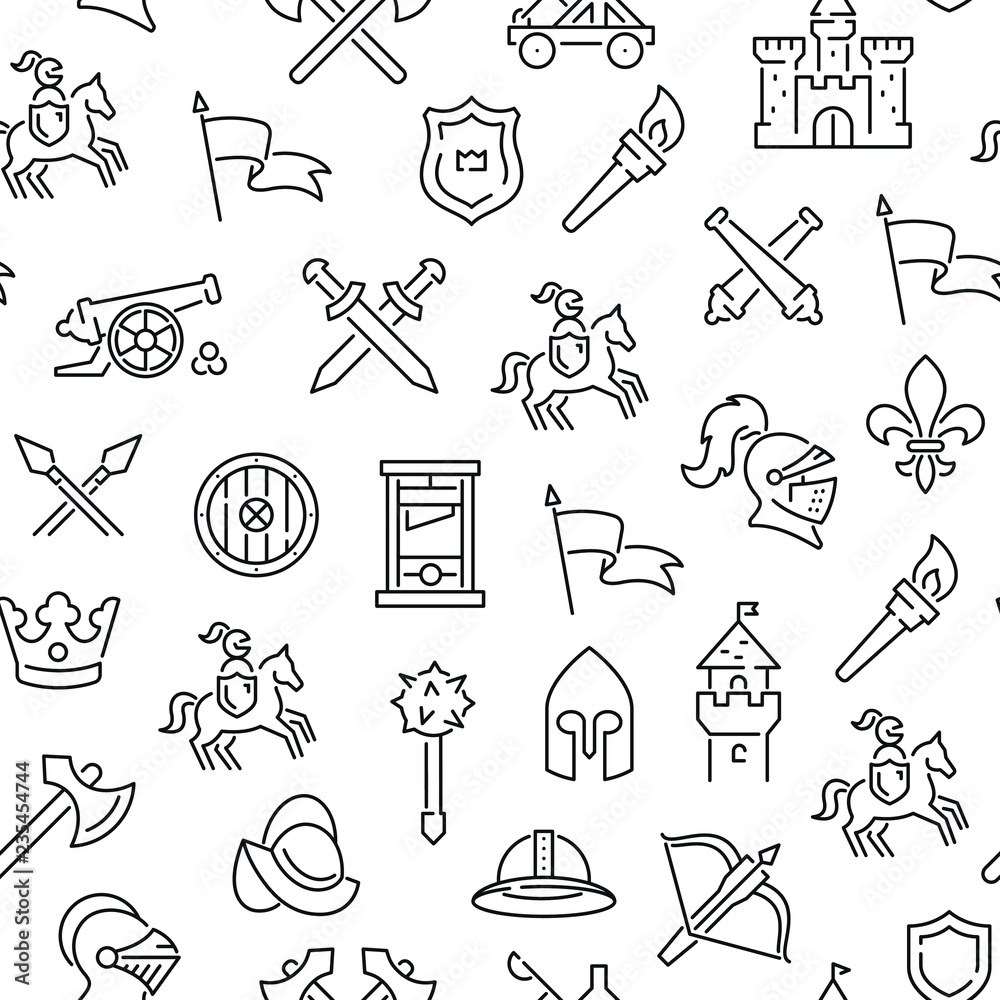 Seamless pattern with medieval weapons. Black and white thin line icons