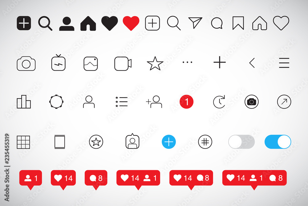 Set of social media icons inspired by Instagram: like, follower, comment, home, camera, user, search. EPS10 Vector illustration - obrazy, fototapety, plakaty 