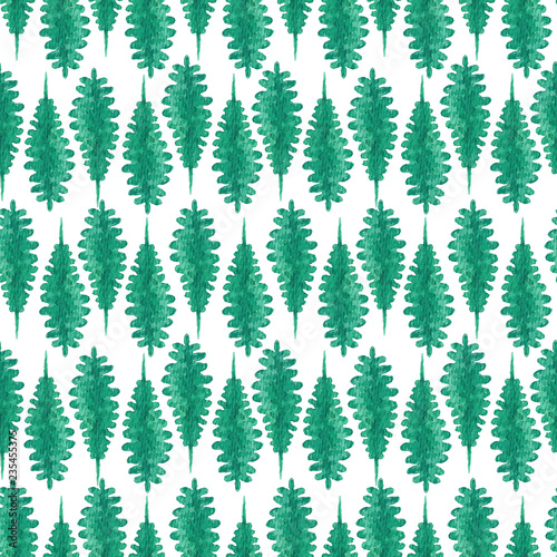 Tender emerald green seamless pattern with long fern leaves. Watercolor botanical texture with for textile  wrapping paper  print design  surface  background