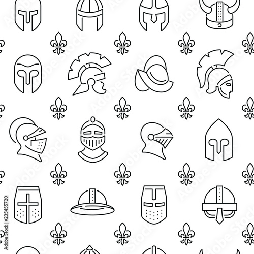 Seamless pattern with knight helmets. Black and white thin line icons