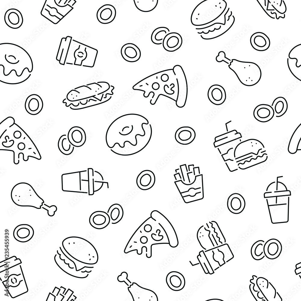 Vecteur Stock Seamless Pattern With Fast Food. Black And White Thin Line  Icons | Adobe Stock