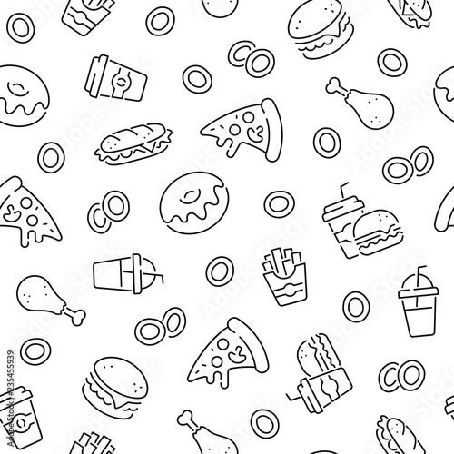 Seamless pattern with fast food. Black and white thin line icons