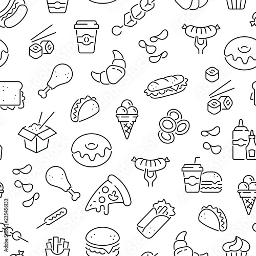 Seamless pattern with fast food. Black and white thin line icons