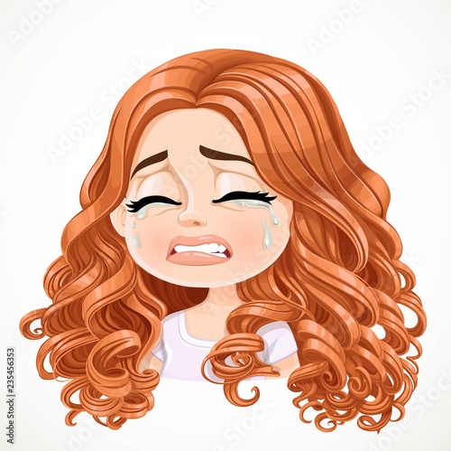 Beautiful inconsolably crying cartoon brunette girl with brown hair portrait isolated on white background