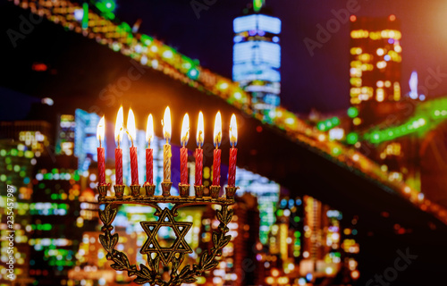 Photography jewish symbol jewish holiday Hanukkah with menorah Brooklyn Bridg, New York City