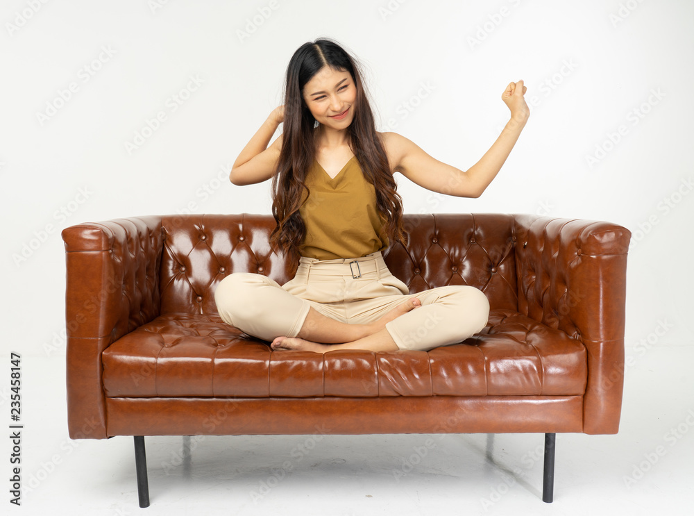 home, leisure, technology and happiness concept - smiling teenage girl  sitting on sofa with tablet .office synonym concept.time relax from work  hard Stock Photo | Adobe Stock