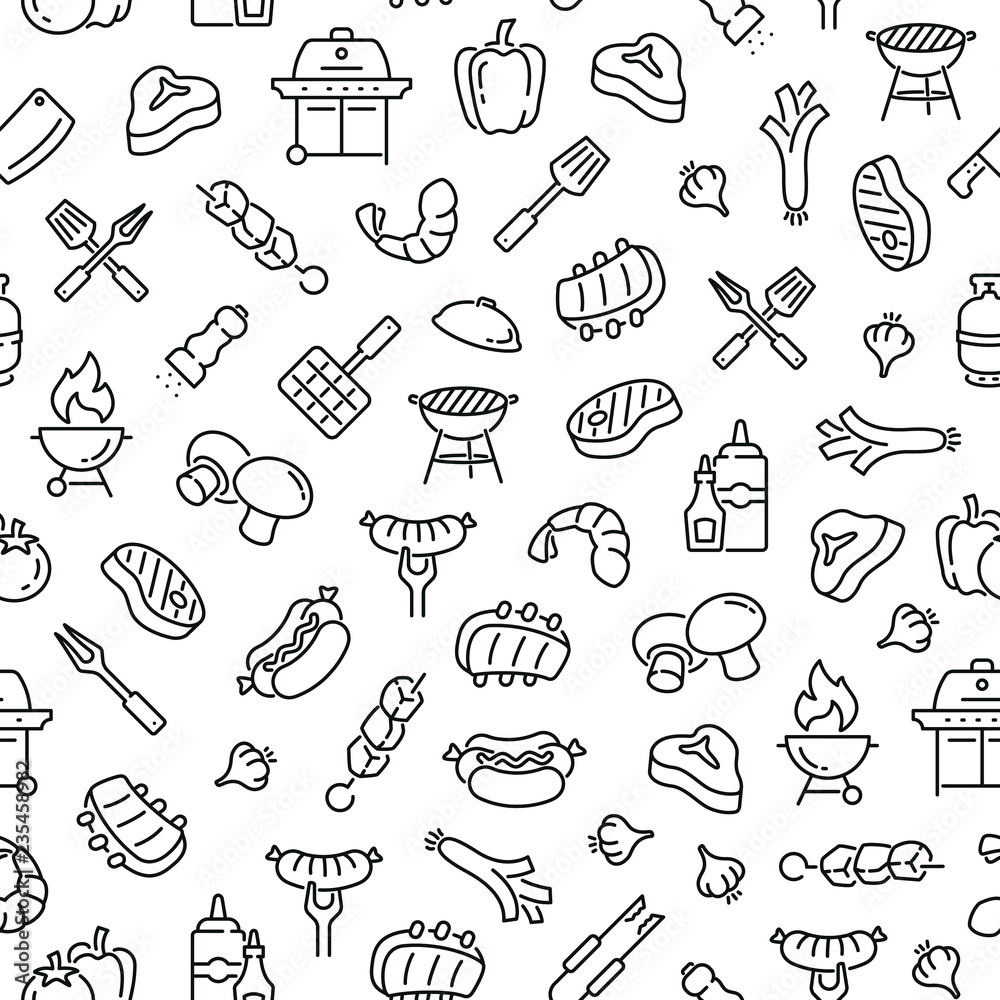 Seamless pattern with barbecue. Black and white thin line icons