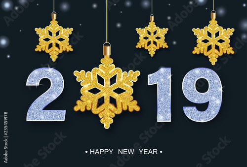 Happy New Year 2019 festive poster with golden shiny snowflakes.