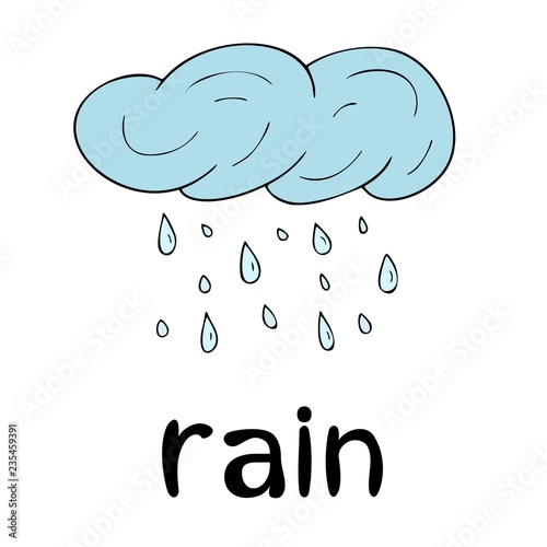 Children`s word card, learning, vocabulary, education, english language, cartoon vector cloud, black outline, line art, rain