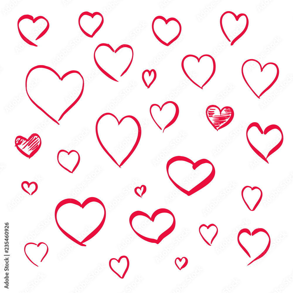 set of red doodles of hearts drawn with a brush set of red doodles of hearts drawn with a brush