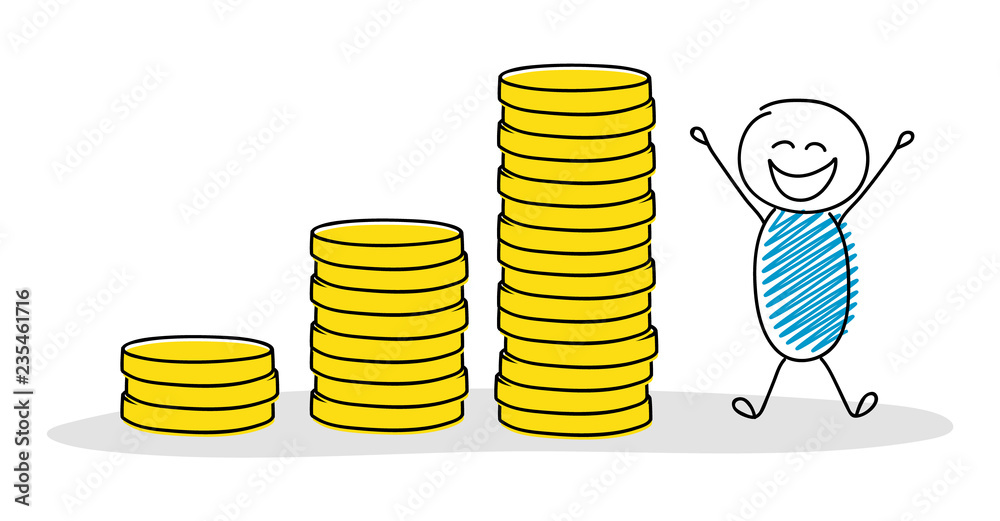 Business concept with hand drawn stickman showing money graph. Vector.