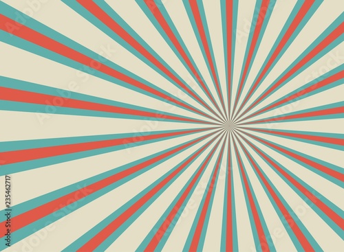 Sunlight retro wide horizontal background. Pale red, blue, beige color burst background.