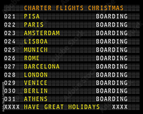 airport flight information display with christmas charter flights, european destinations. Vector illustration