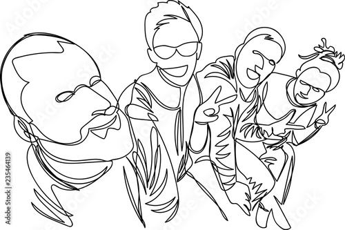 a group of friends are photographed. one continuous line