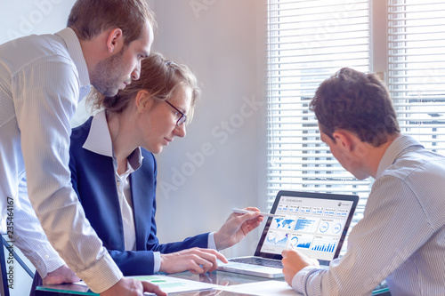 Digital marketing analyst people working on internet advertisement campaign analytics data on key performance indicator dashboard, metrics and KPI on computer screen, business strategy, investment photo