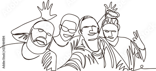 a group of people are photographed. one continuous line