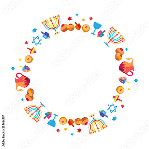 Israel 70 Jewish holiday Hanukkah round frame card traditional Chanukah symbols wooden dreidel, Hebrew letters, donut, menorah candles, Israeli blue star David lights pattern Vector