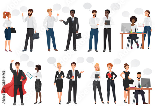Businessmen, office people discussion, talkking chat, dialogue speech bubbles vector illustration.