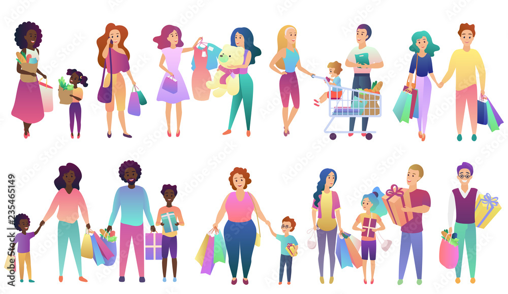 Set of shopping family people isolated vector illustration set.