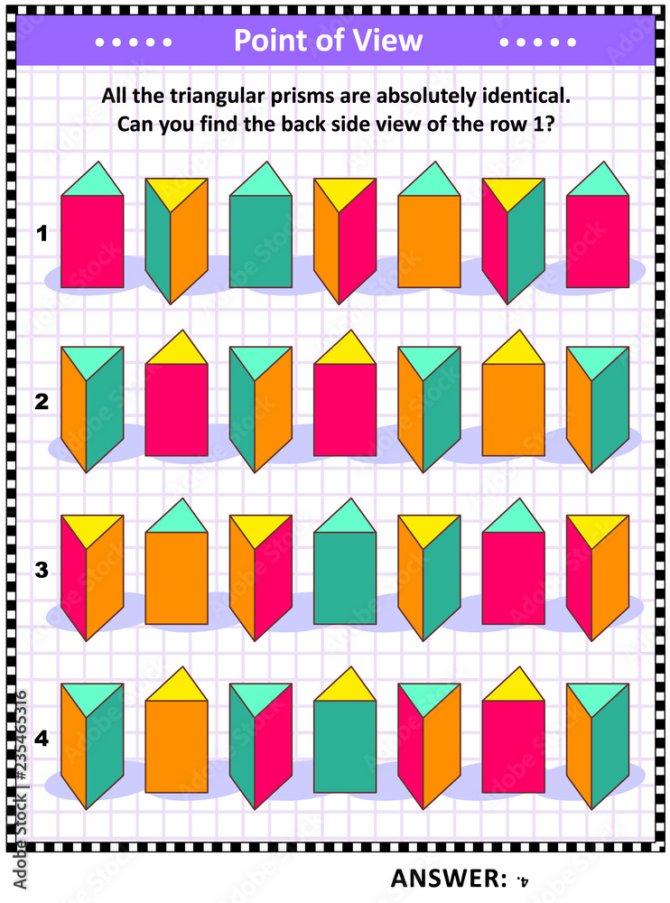 Educational math puzzle with triangular prisms (suitable both for children and adults): Find the back side view of the row 1. Answer included.
