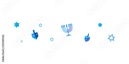 Israel 70 Jewish holiday Hanukkah border frame traditional Chanukah symbols icons wooden dreidel, donut, menorah candles, Israeli blue star David glowing lights pattern Vector