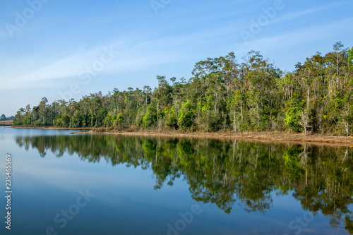 Reflected picture, nature blue sky. forest streams.