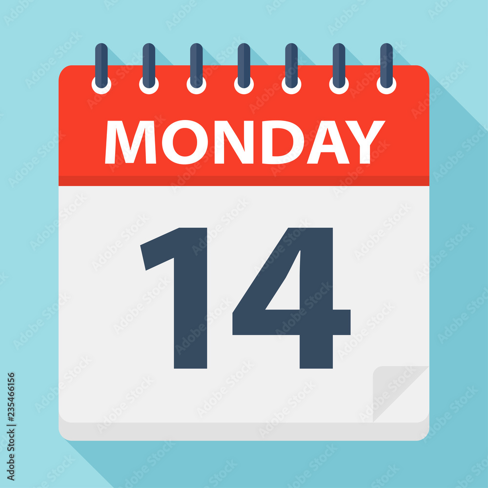 Monday 14 - Calendar Icon. Vector illustration of week day paper leaf. Monday 14 - Calendar Icon. Vector illustration of week day paper leaf.