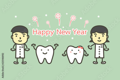 happy tooth and dentist with text for Happy New Year - teeth cartoon vector