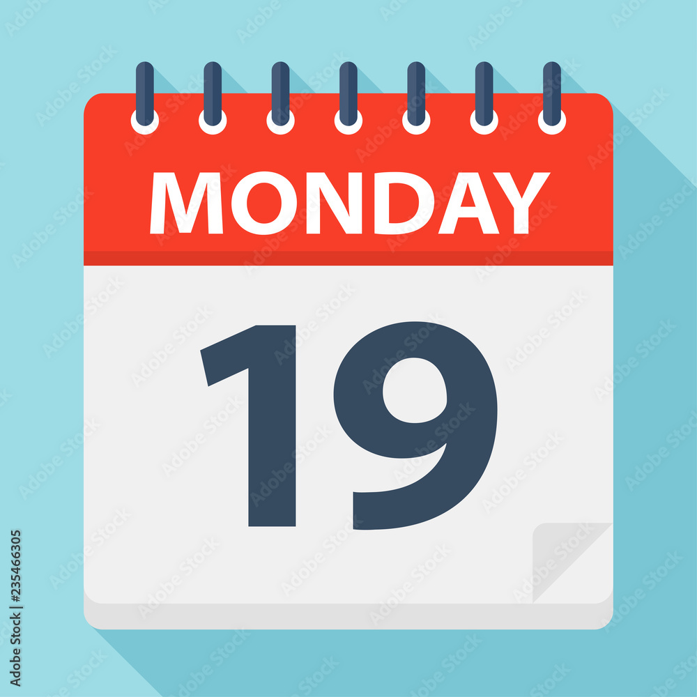 Monday 19 - Calendar Icon. Vector illustration of week day paper leaf. Monday 19 - Calendar Icon. Vector illustration of week day paper leaf.