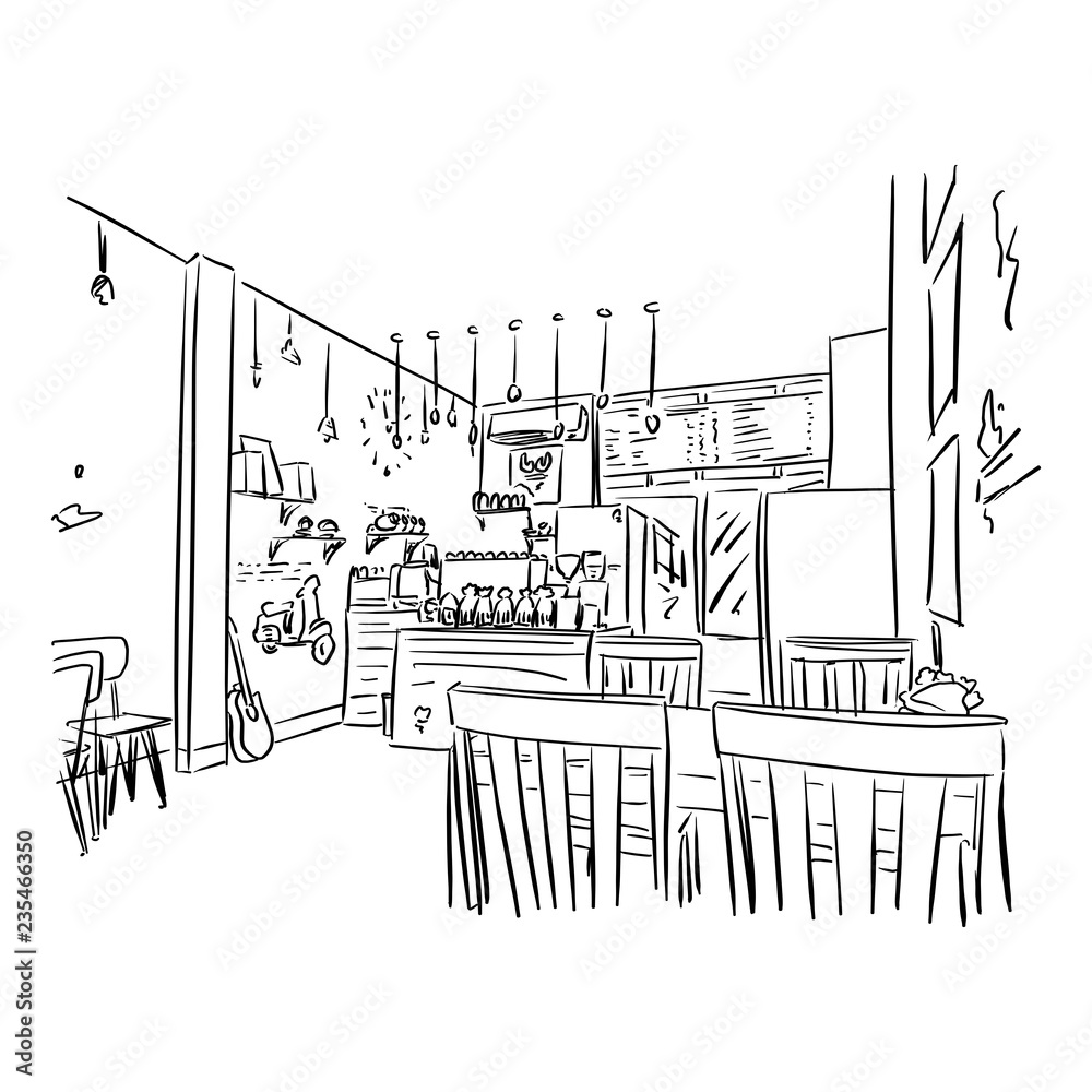 Empty cafe or bar interior vector illustration sketch doodle hand drawn with black lines isolated on white background