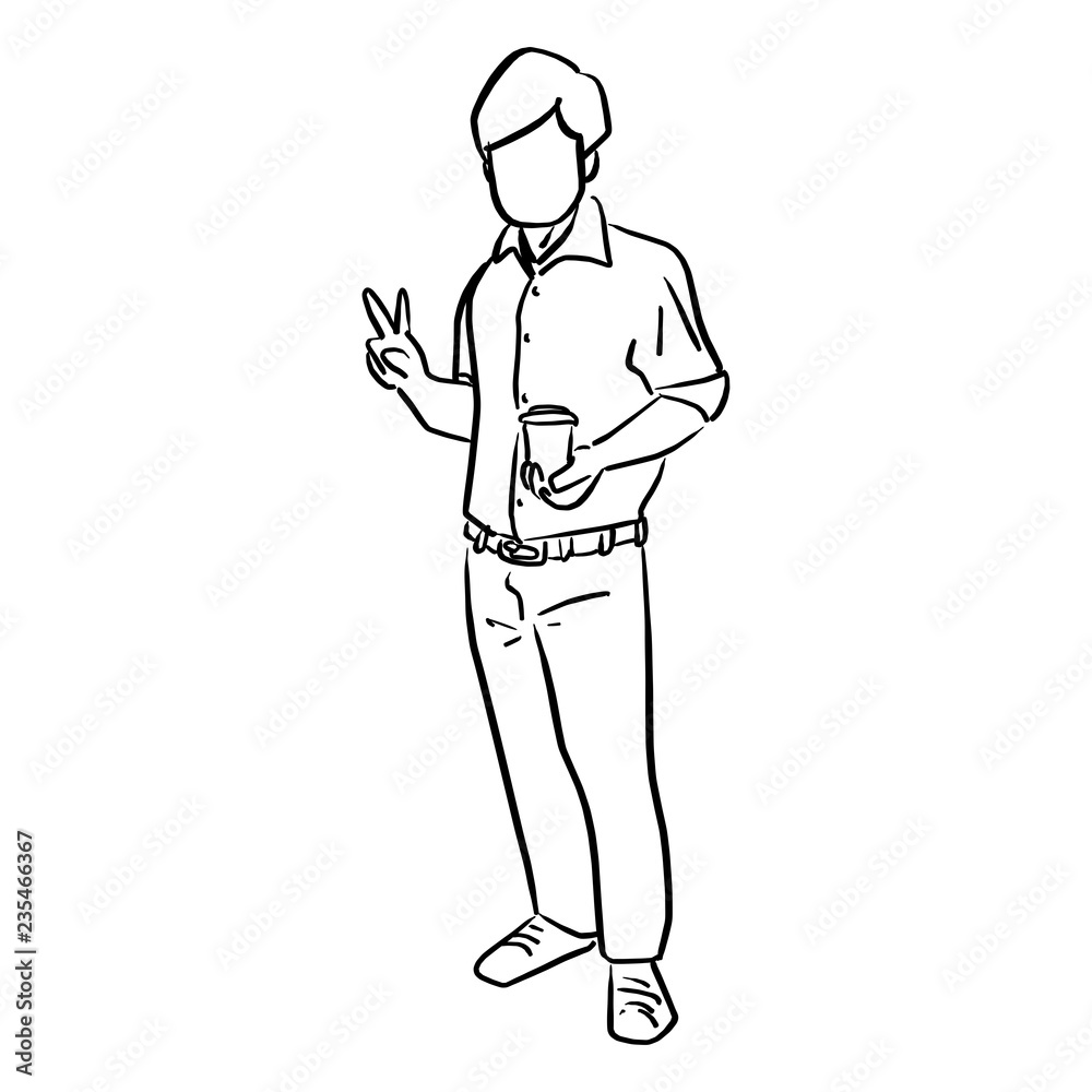 businessman holding a cup of coffee with victory sign vector illustration sketch doodle hand drawn with black lines isolated on white background