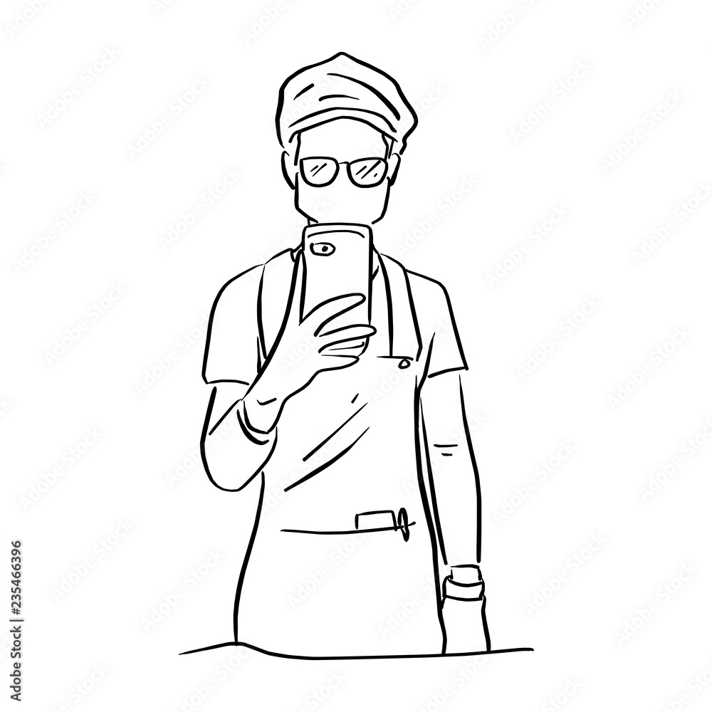 man with glasses taking photo himself on the mirror in toilet vector illustration sketch doodle hand drawn with black lines isolated on white background