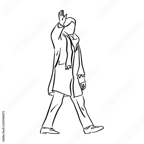 Man with winter coat saluting vector illustration sketch doodle hand drawn with black lines isolated on white background