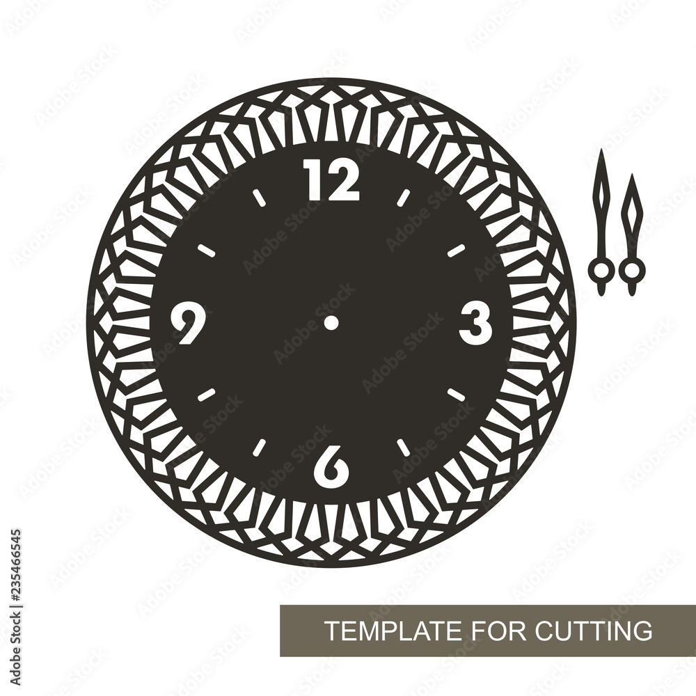 Openwork dial with arrows and arabic numerals. Silhouette of clock on white background. Decor for home. Template for laser cutting, wood carving, paper cut and printing. Vector illustration. Openwork dial with arrows and arabic numerals. Silhouette of clock on white background. Decor for home. Template for laser cutting, wood carving, paper cut and printing. Vector illustration.