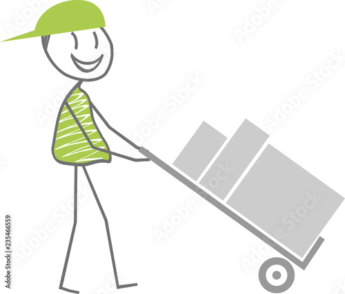 A man transports boxes on a cart to move or deliver