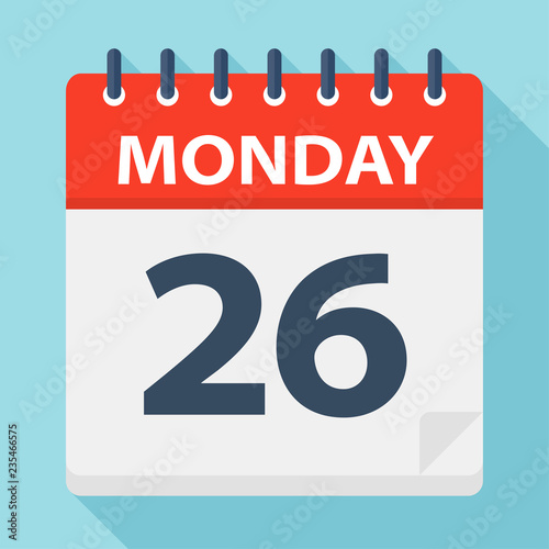 Monday 26 - Calendar Icon. Vector illustration of week day paper leaf.