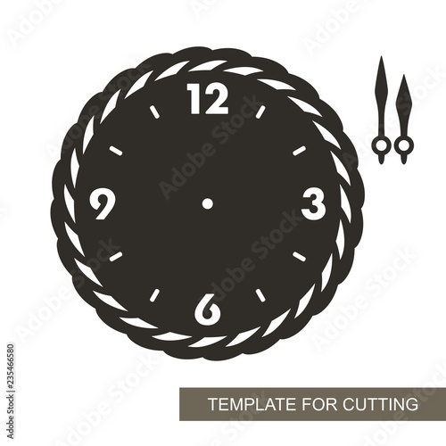 Openwork dial with arrows and arabic numerals. Silhouette of clock on white background. Decor for home. Template for laser cutting, wood carving, paper cut and printing. Vector illustration.
