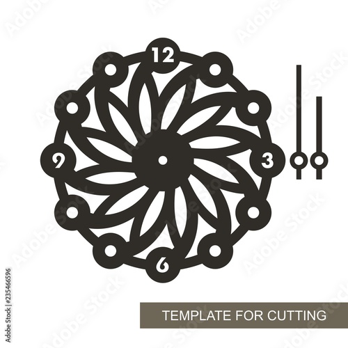 Openwork dial with arrows and arabic numerals. Silhouette of clock on white background. Decor for home. Template for laser cutting, wood carving, paper cut and printing. Vector illustration.
