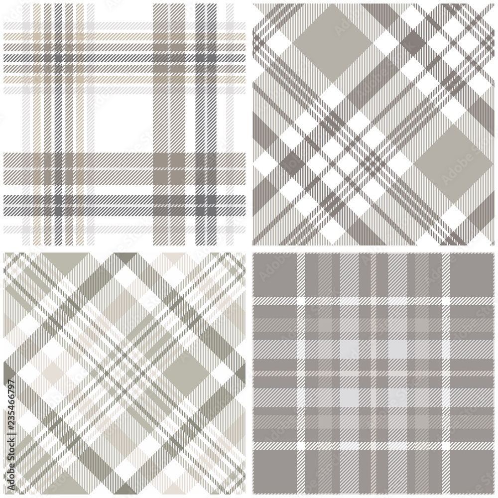 Set of four seamless plaid patterns in shades of taupe. Cheater quilt. Whole cloth print.