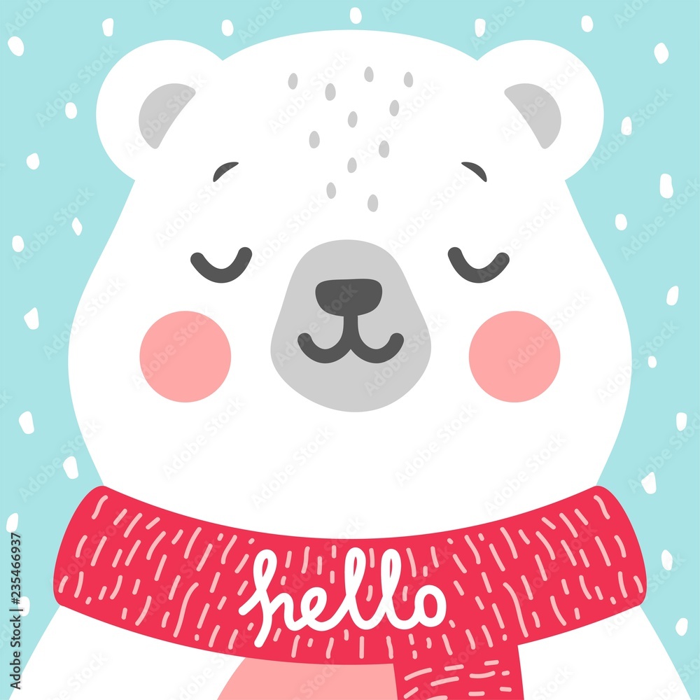 Fototapeta premium Cute Bear vector print, baby shower card. teddy with hello write cartoon illustration, greeting card, kids cards for birthday poster or banner, cartoon invitation