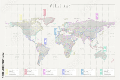 Simplified political world map with relif. Flat design with grid, label and legend on the map