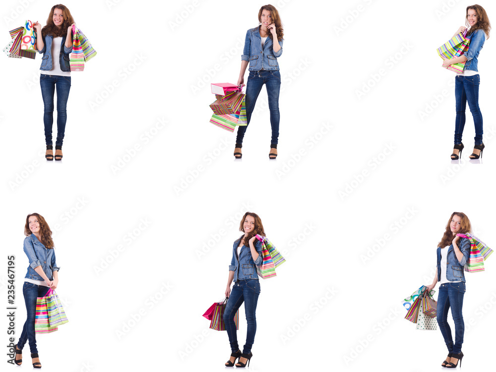 Young woman with shopping bags isolated on white Young woman with shopping bags isolated on white