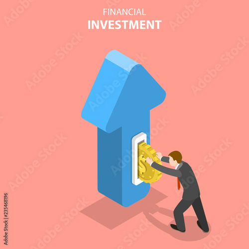 Flat isometric vector concept of financial investment, marketing analysis, investing opportunity.