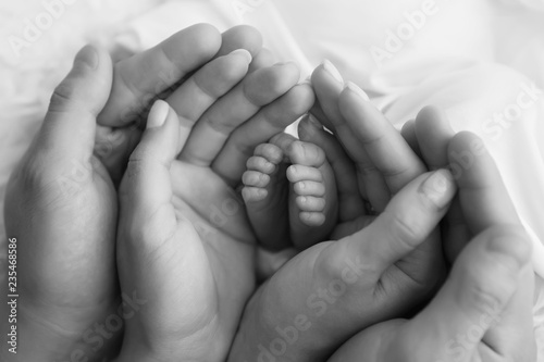 baby's feet in the hands of the older child and mom black and white photo