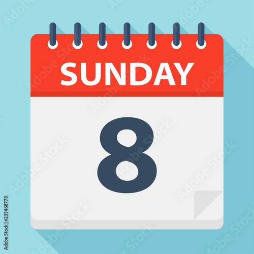 Sunday 8 - Calendar Icon. Vector illustration of week day paper leaf.