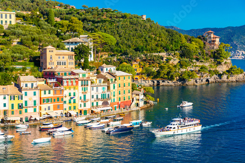 Beautiful sea coast with colorful houses in Portofino, Italy. Summer landscape