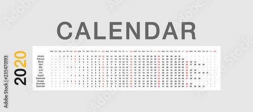 Colorful Calendar year 2020 vector design template, simple and clean design. Calendar for 2020 on White Background for organization and business. Week Starts Monday. Simple Vector Template. EPS10.
